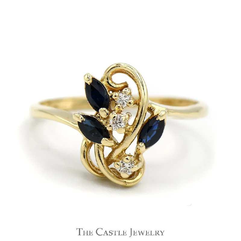 Luxury Promise Rings for Women-Triple Marquise Sapphire and Round Diamond Cluster Ring in 14k Yellow Gold