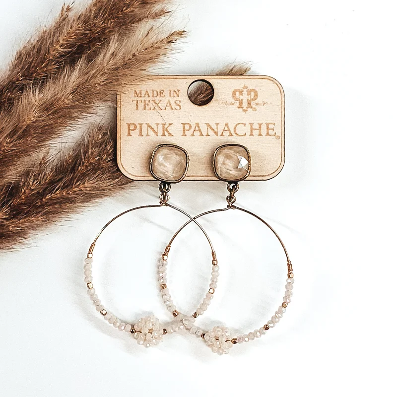 Simple Hoop Earrings for Women-Pink Panache | Ivory and Gold Beaded Knot Hoop Earrings with Cushion Cut Crystals in Ivory