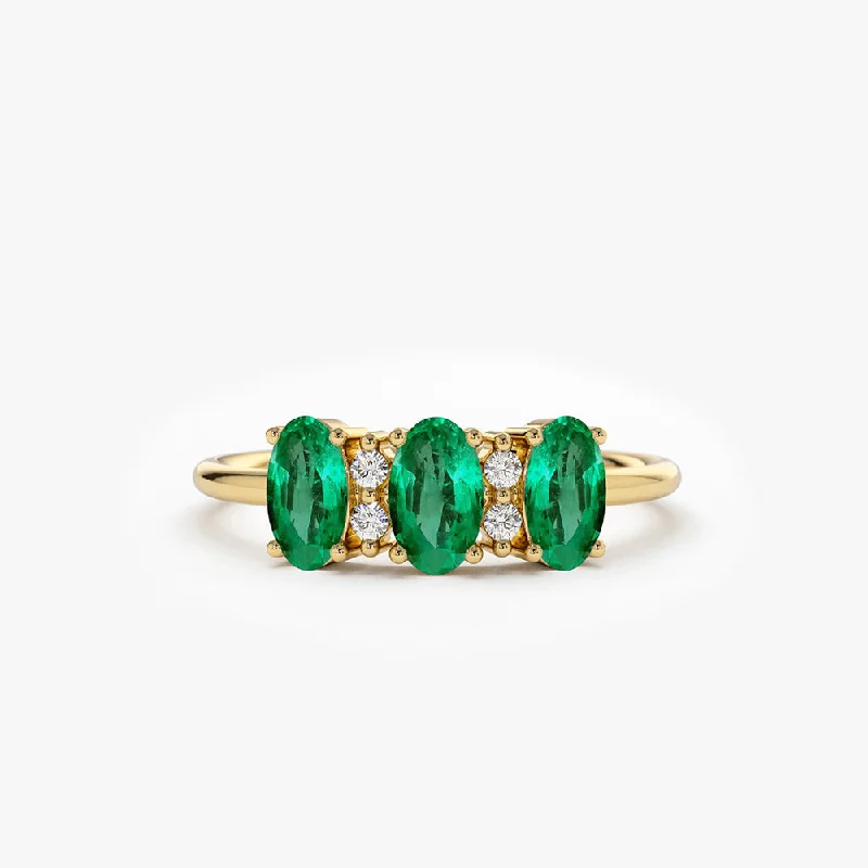 Personalized Wedding Ring Designs-14k Triple Oval Emerald Diamond Ring