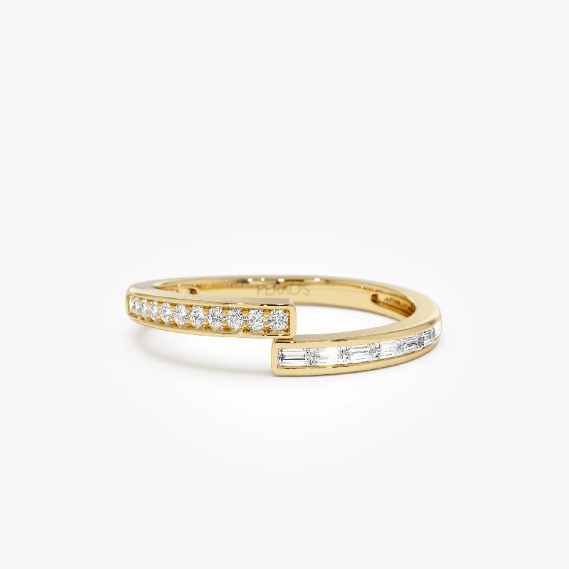 Unique Engagement Rings with Gemstones-14k Baguette and Round Diamond Crossover Ring