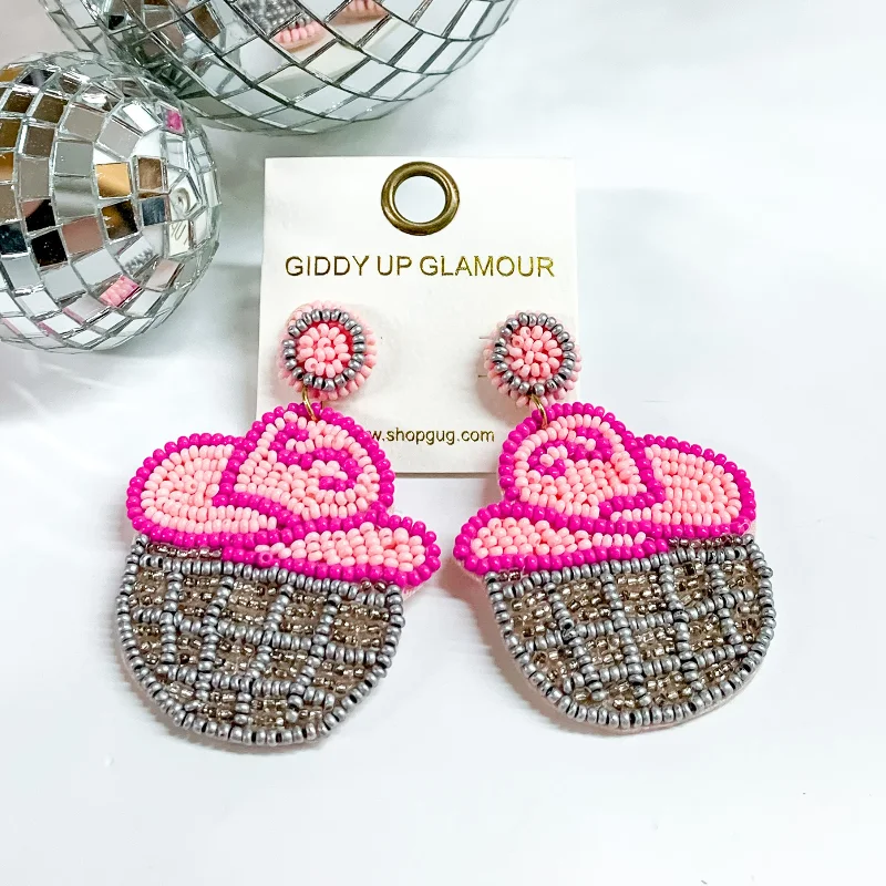 Classic Hoop Earrings for Women-Beaded Cowboy Hat and Disco Ball Earrings in Pink and Silver