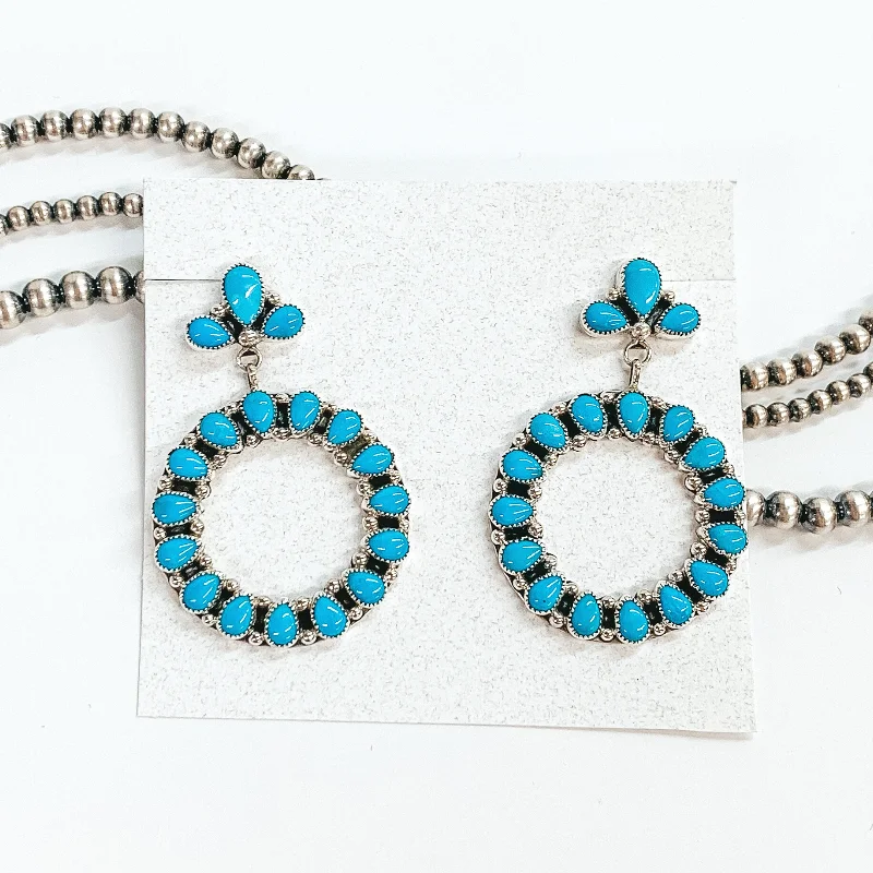 Geometric Hoop Drop Earrings-Anthony Skeets | Navajo Handmade Sterling Silver Circle Drop Earrings with Sleeping Beauty Turquoise