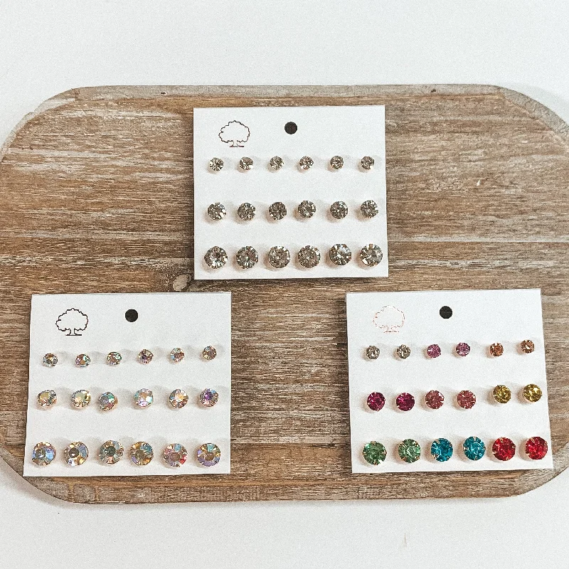 Geometric Crystal Drop Earrings-Buy 3 for $10 | Pack of Nine | Faux Crystal Stud Earrings in Various Sizes