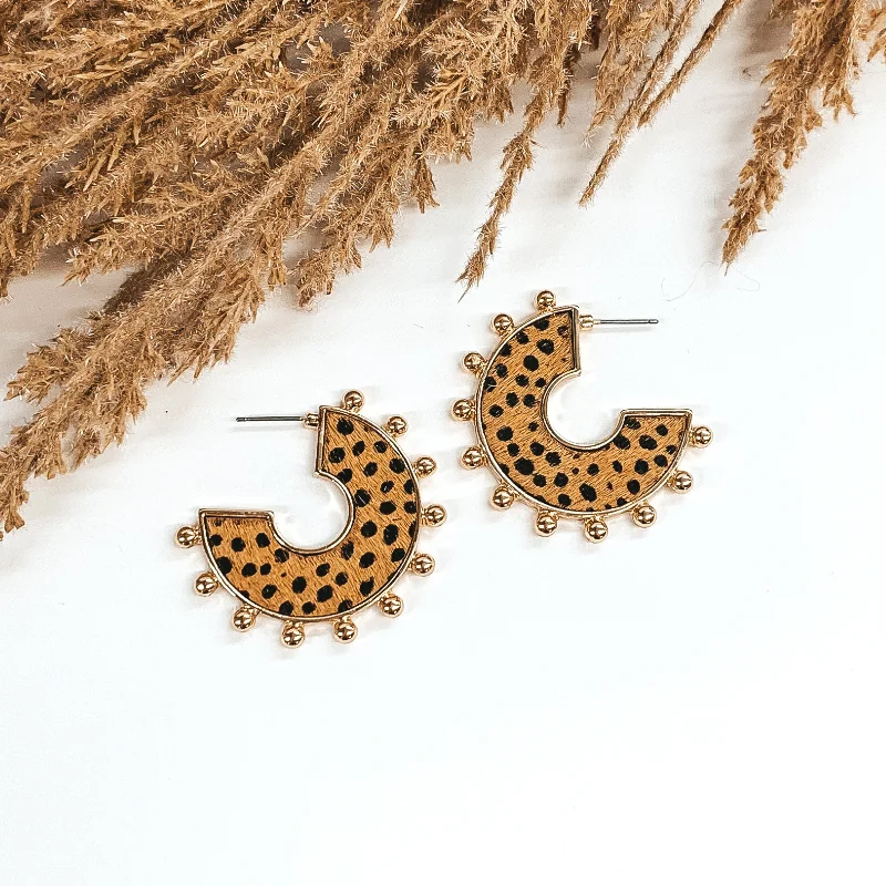 Designer Crystal Drop Earrings-Flat Hoops with a Brown Dotted Print