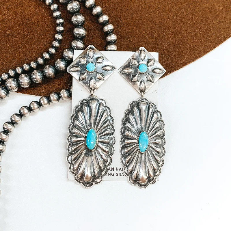 Sparkling Drop Earrings-RL Begay | Navajo Handmade Sterling Silver Square Concho Post Earrings with Oval Concho Dangle and Turquoise Stones