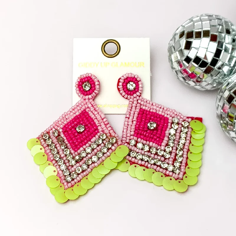 Modern Crystal Earrings for Women-Fashionista Diamond Shaped Beaded Earrings in Pink, and Green