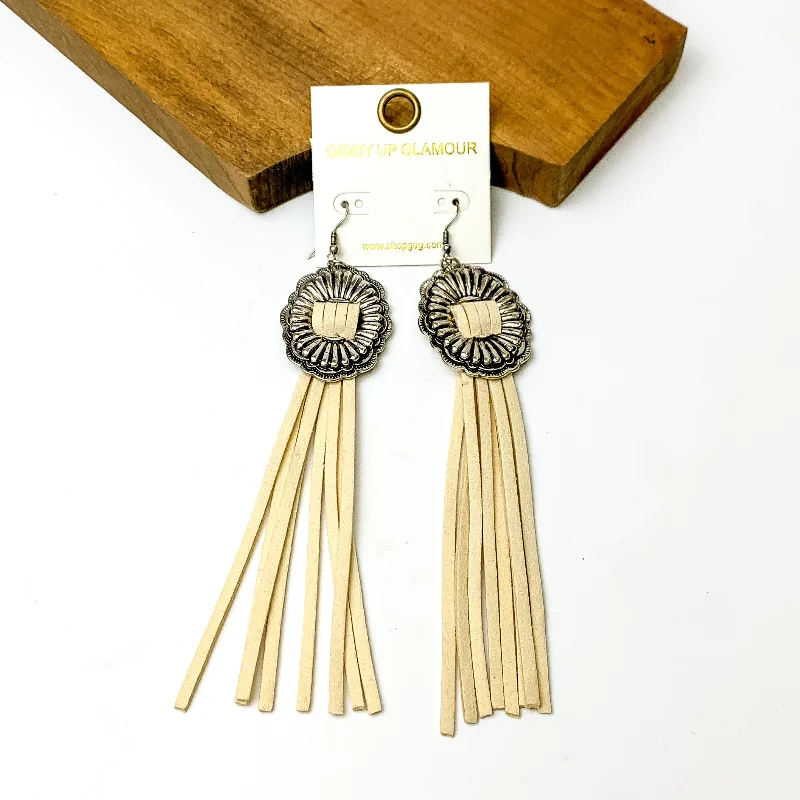 Simple Drop Earrings for Women-Silver Tone Concho Dangle Earrings with Ivory Tassels