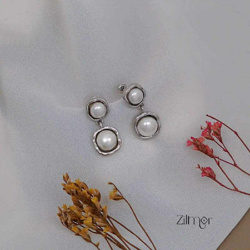 Trendy Drop Hoop Earrings-ZN1011513 - Silver Pearl  Earrings