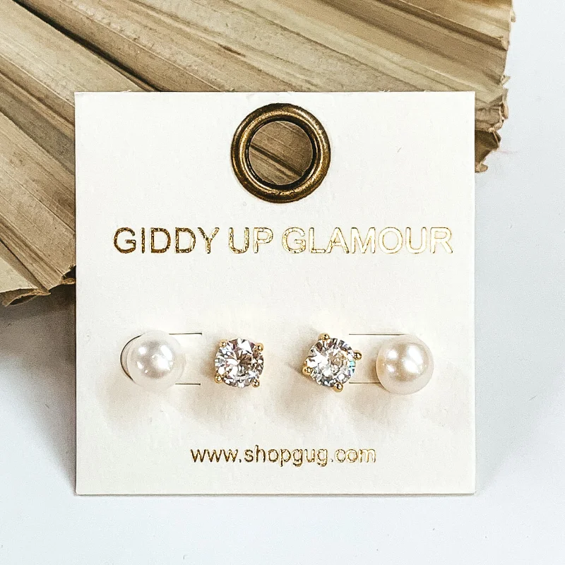 Stylish Dangle Earrings-Clear Crystal and Pearl 2 Piece Stud Earring Set in Gold Tone