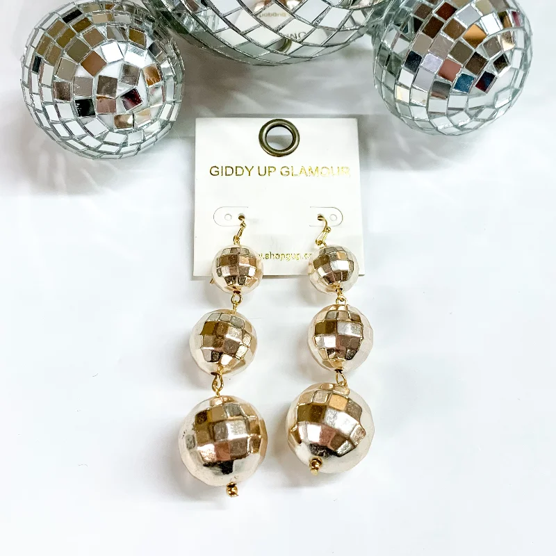 Elegant Hoop Earrings-Disco Ball Drop Earrings in Gold Tone