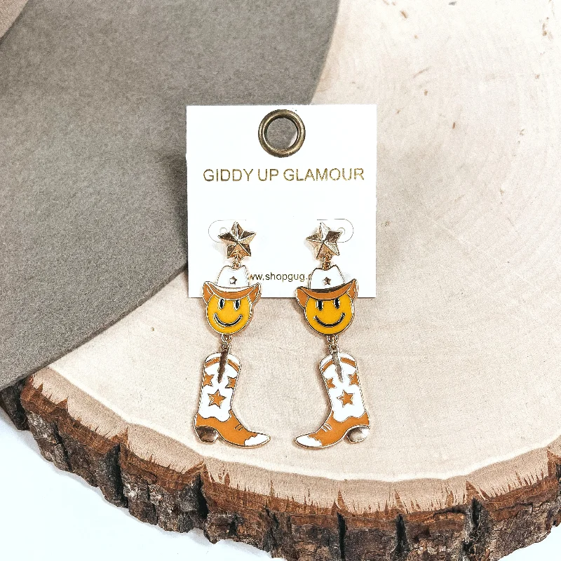 Sparkling Gold Earrings for Women-On The Fly Gold Tone Star Post Earrings with Happy Face Cowboy and Boot Pendant Earrings in Ivory