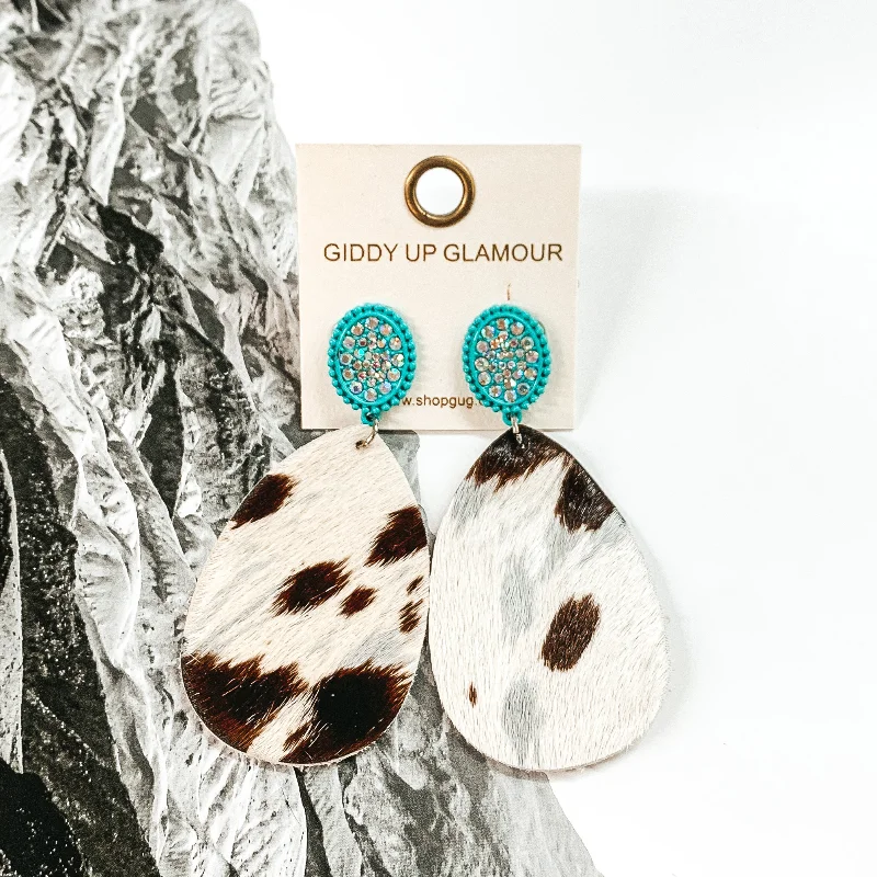 Classic Gemstone Earrings-AB Crystal Turquoise Stud Earrings with Hanging Teardrop in Brown, Grey, and White Cow Print