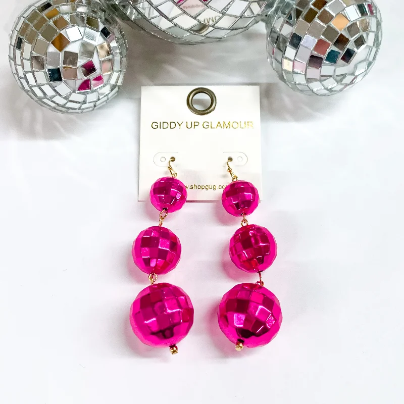 Classic Gold Hoop Earrings-Disco Ball Drop Earrings in Fuchsia