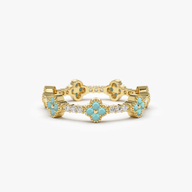 Custom Vintage Wedding Rings-14k Full Eternity Clover Turquoise and Diamond Ring