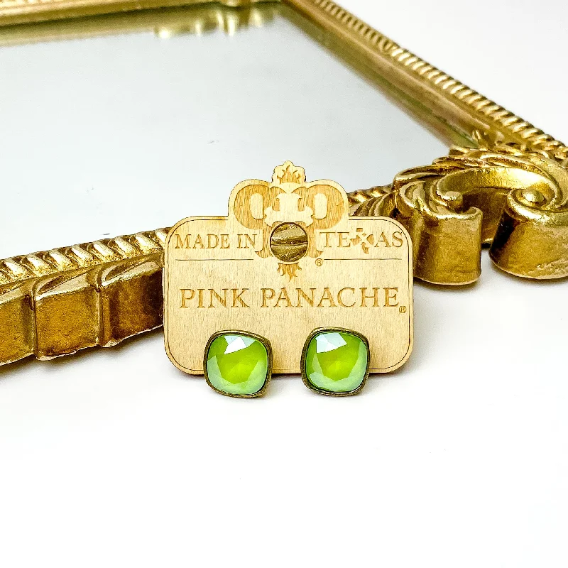 Simple Drop Earrings for Women-Pink Panache | Bronze Stud Earrings with Cushion Cut Crystals in Lime Green