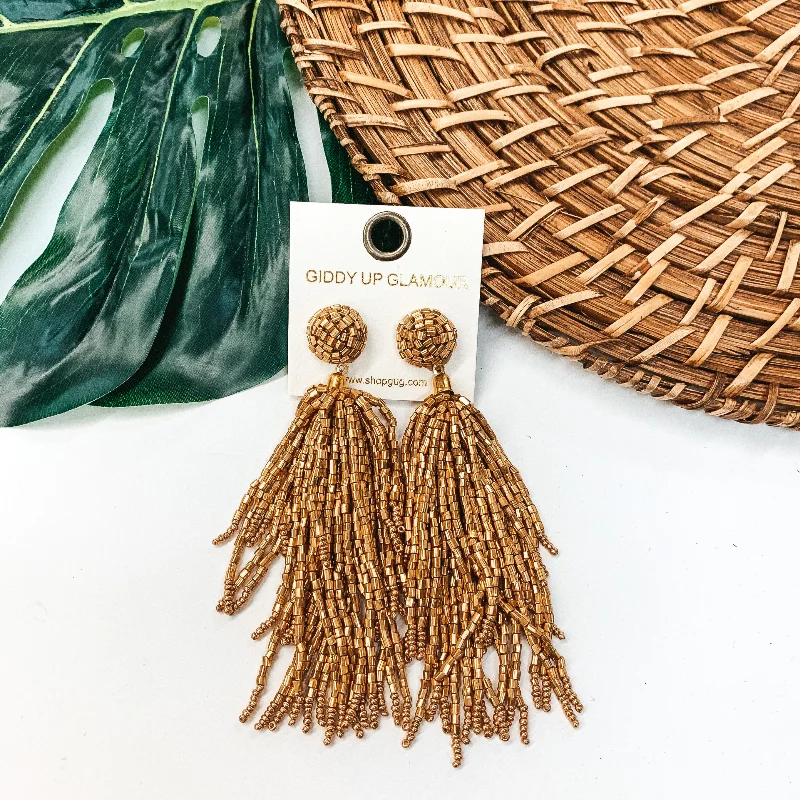 Luxury Pearl Earrings-Crash My Party Seed Bead Tassel Earrings In Gold