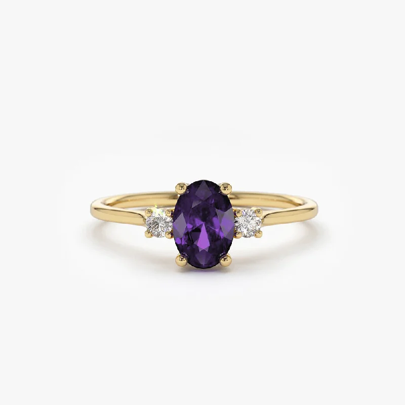 Designer Diamond Engagement Rings-14K Gold Oval Shape Amethyst and Diamond 3 Stone Ring