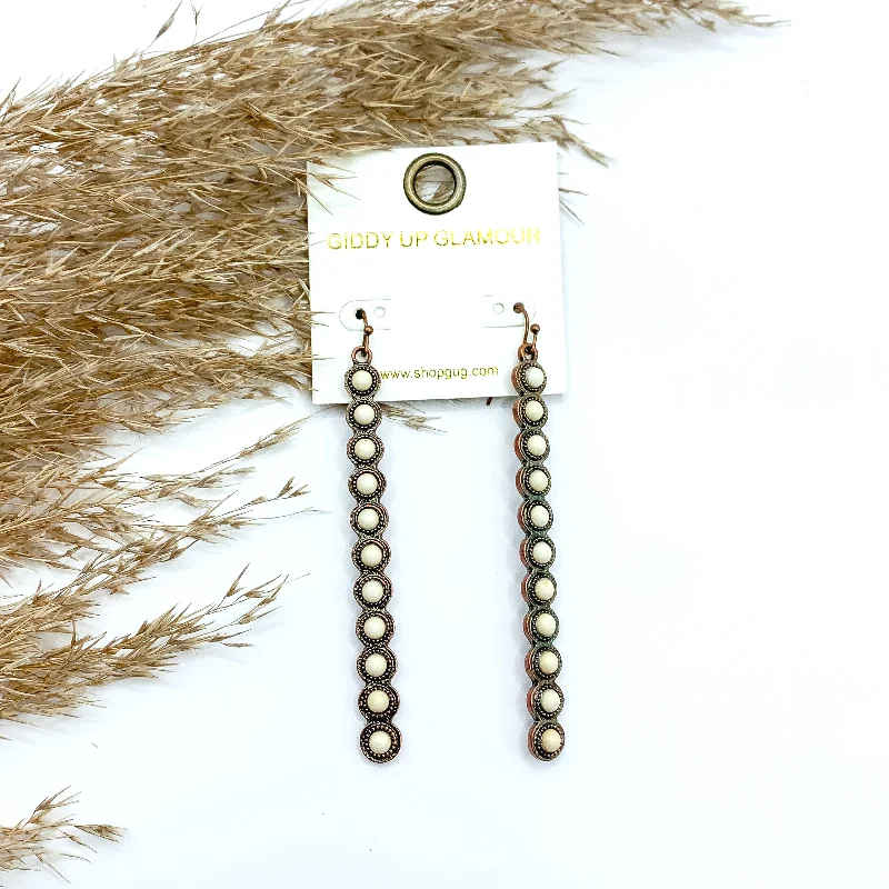 Simple Designer Earrings-White Studded Long Rectangle Earrings in Copper Tone