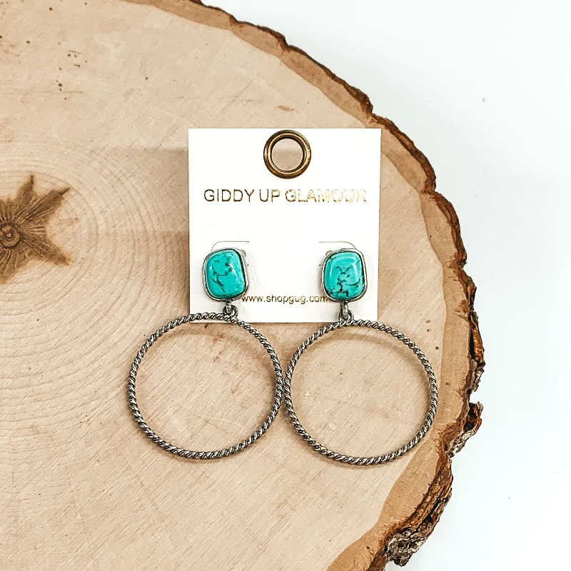 Large Drop Earrings for Women-Soulful Look Circle Drop and Stone Post Silver Earrings in Turquoise