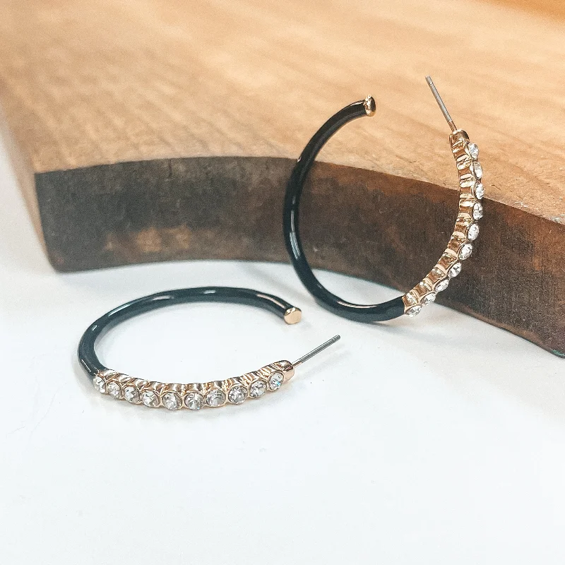 Designer Drop Hoop Earrings-Open Ended Circle Hoops with Crystals in Black