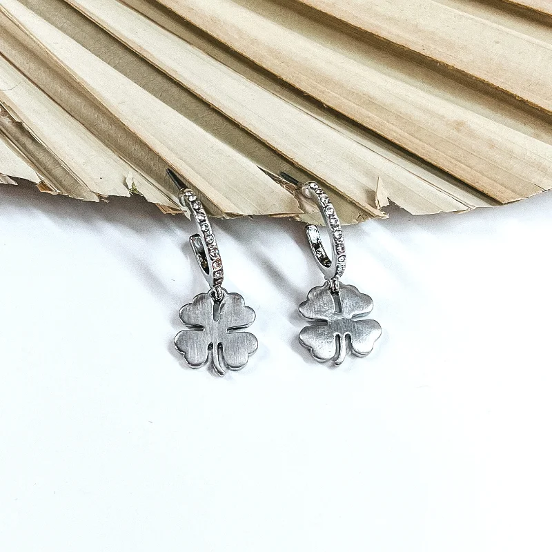 Sparkling Gemstone Drop Earrings-Small Crystal Hoop Earrings with Hanging Four Leaf Clover Charm in Silver Tone