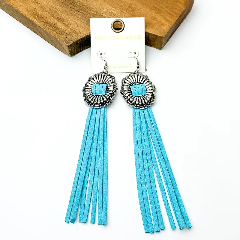 Simple Crystal Earrings-Silver Tone Concho Dangle Earrings with Light Blue Tassels