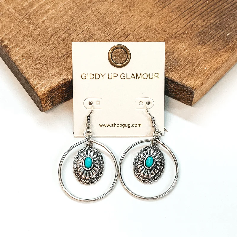 Custom Gold Earrings-Circle Drop Earrings with Hanging Concho Pendant in Silver Tone