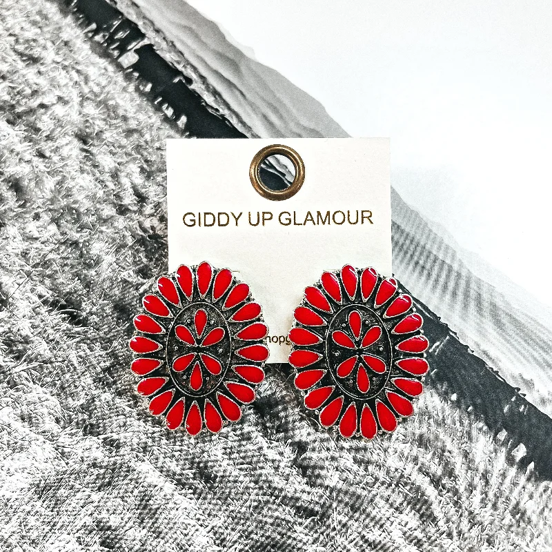 Luxury Hoop Earrings-Our Last Dance Oval Concho Cluster Epoxy Stud Earrings in Red and Silver Tone