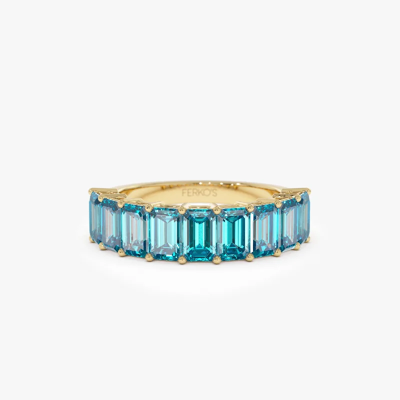 Designer Silver Promise Rings-14k Emerald Cut Swiss Blue Topaz Nine Stone Ring 3.00ctw