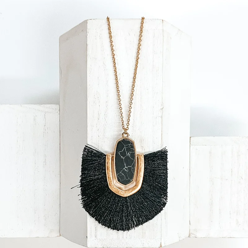 Geometric Pearl Earrings-Long Gold Chain Necklace with a Semi Precious Oval Pendant and Fringe in Black