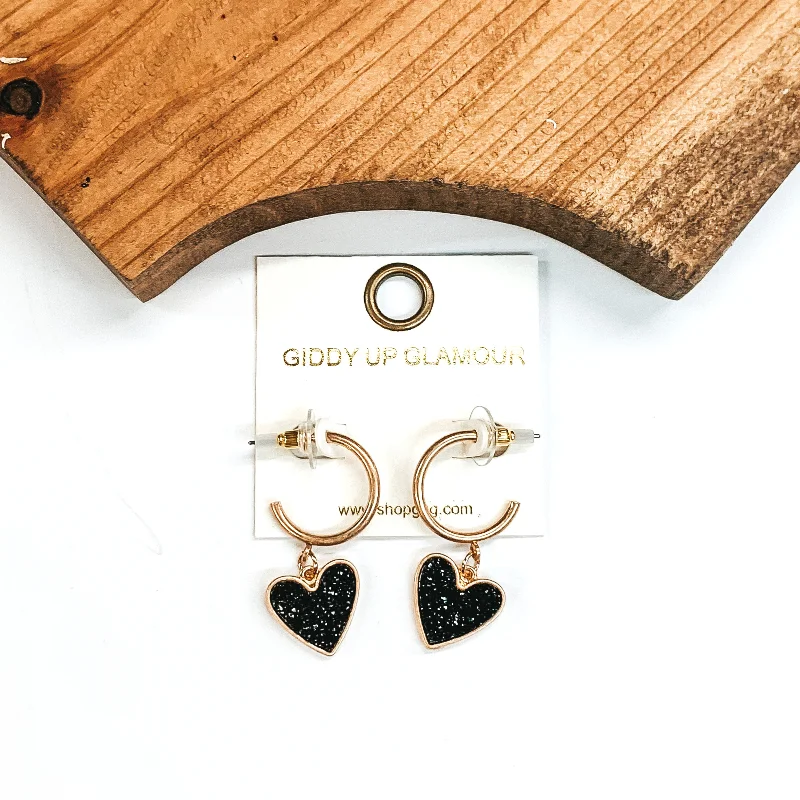 Luxury Gemstone Hoop Earrings-Gold Hoops with Druzy Heart Dangle in Black