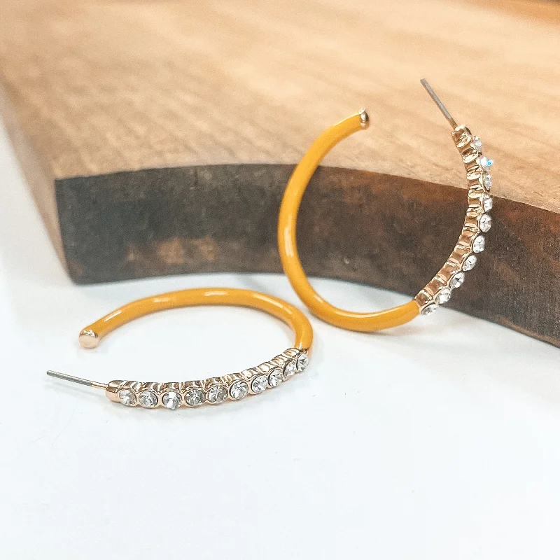 Unique Drop Stud Earrings-Open Ended Circle Hoops with Crystals in Mustard Yellow