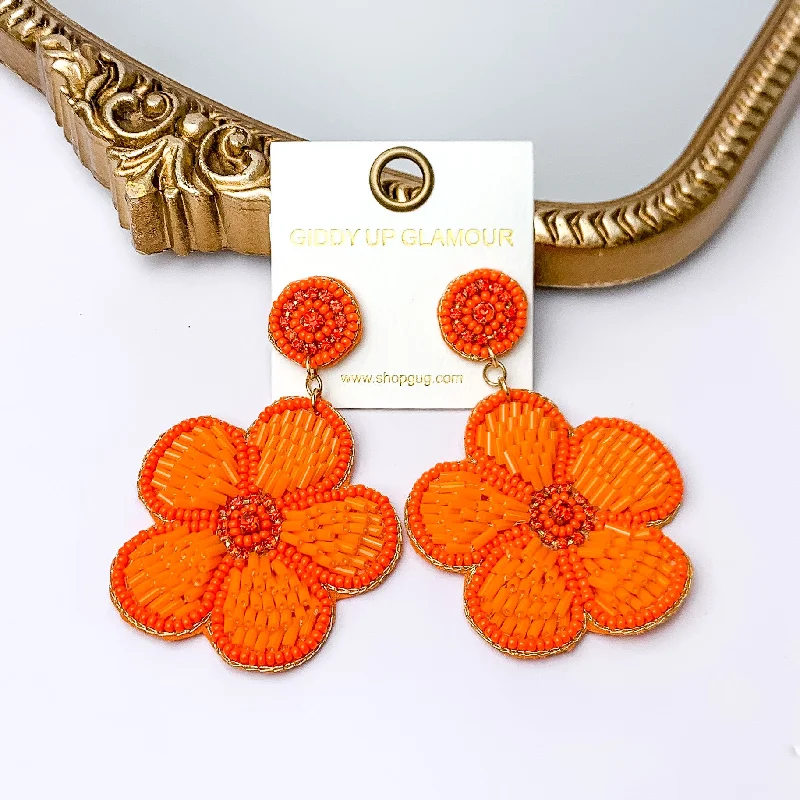 Modern Gemstone Earrings-Beaded Flower Earrings in Orange with Crystal Stones