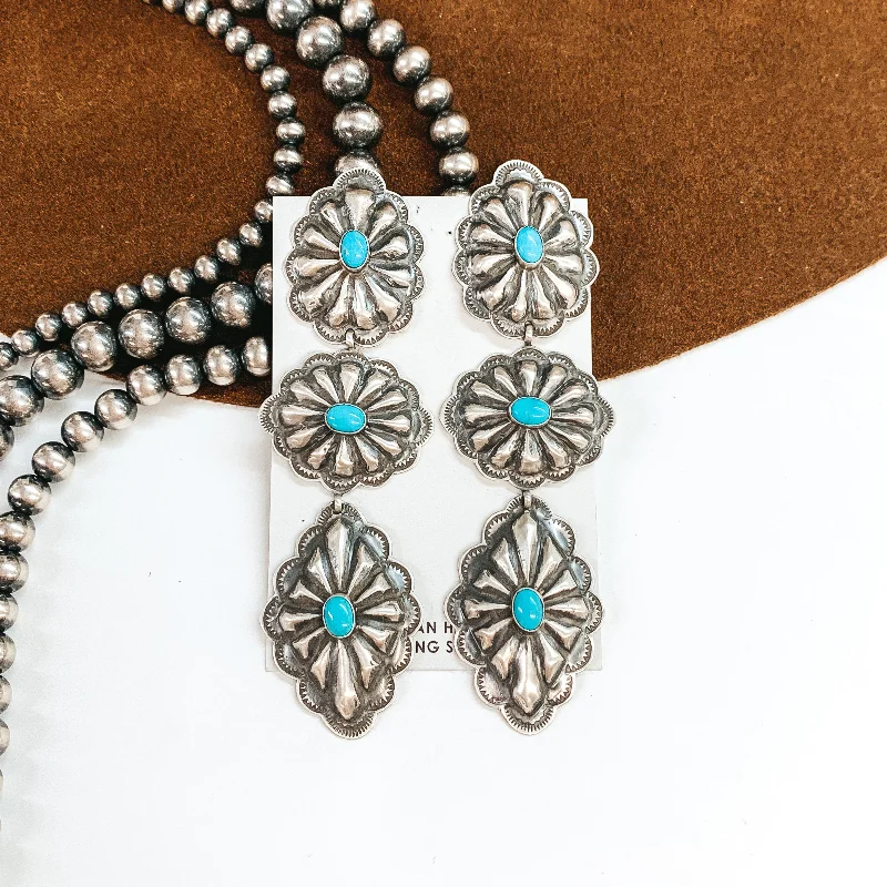 Custom Gold Earrings-RL Begay | Navajo Handmade Sterling Silver Concho Drop Earrings with Turquoise Stones