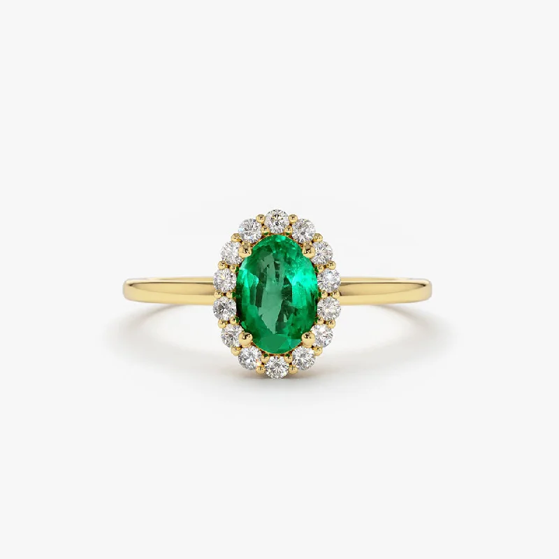 Custom Birthstone Wedding Rings for Him-14K Gold Oval Cut Emerald Halo Diamond Ring