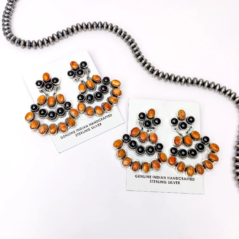 Unique Gold Earrings-JB | Navajo Handmade Sterling Silver Post Chandelier Earrings with Orange Spiny Oyster and Black Onyx Stones