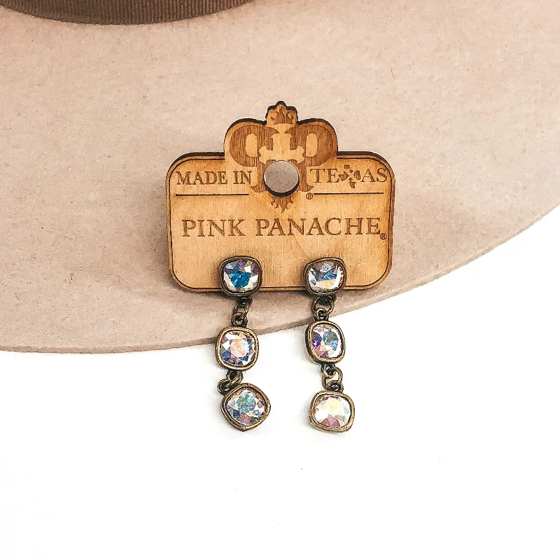 Classic Gold Drop Earrings-Pink Panache | Bronze Triple Drop Post Earrings with Cushion Cut AB Crystals