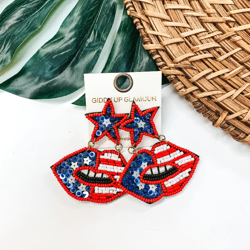 Colorful Gemstone Earrings-American Flag Seed Beaded Lip Post Earrings