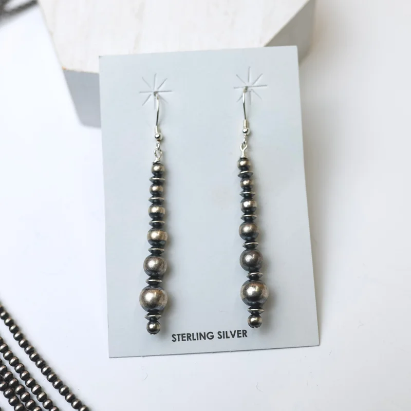 Personalized Drop Earrings-Mason Lee | Navajo Handmade Sterling Silver Graduated Navajo Pearl and Saucer Beaded Drop Earrings