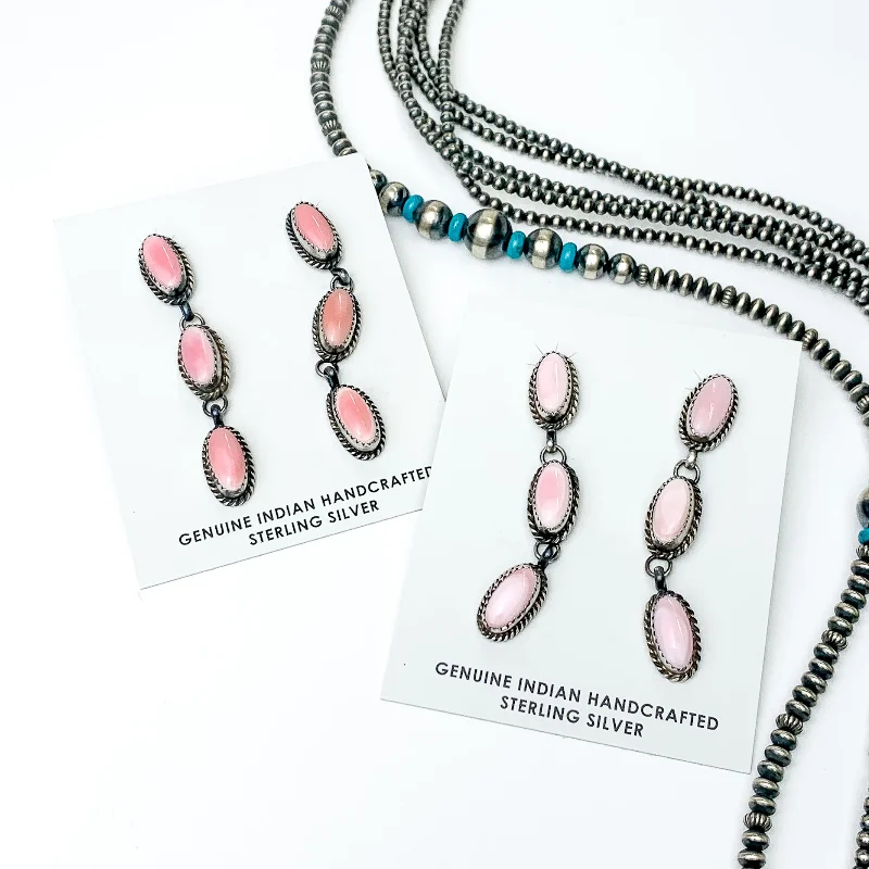 Stylish Drop Earrings for Women-Freda Martinez | Navajo Handmade Sterling Silver Oval Drop Earrings with Three Pink Conch Stones