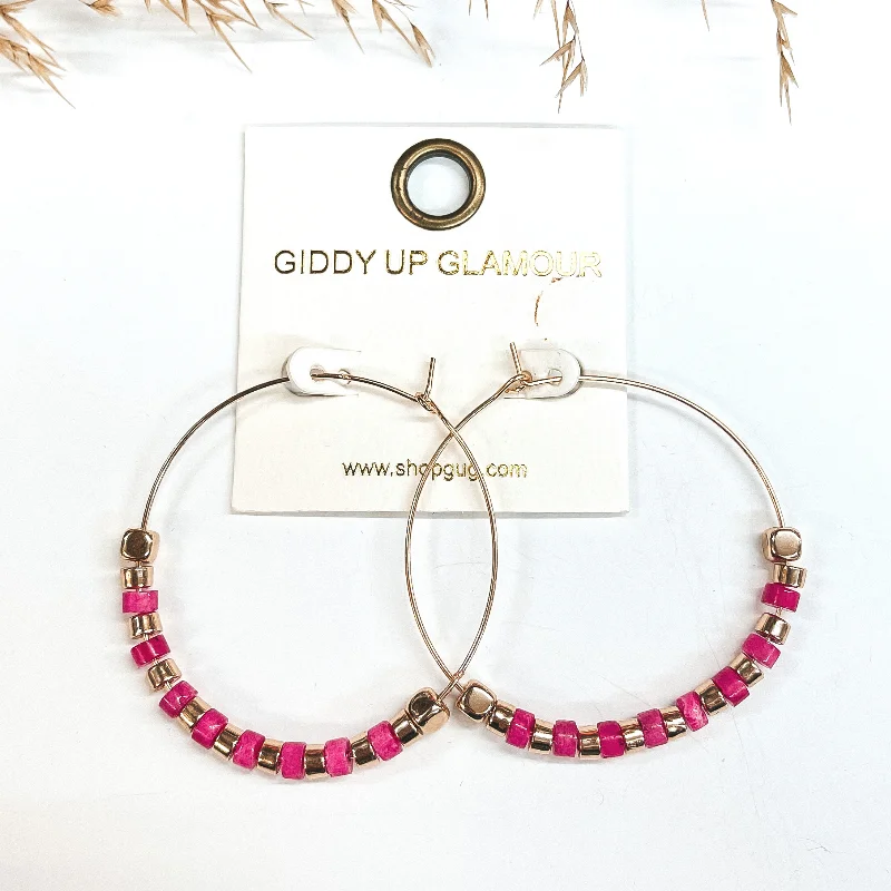 Bold Crystal Earrings-Summer Memories Beaded Gold Hoops in Fuchsia Pink