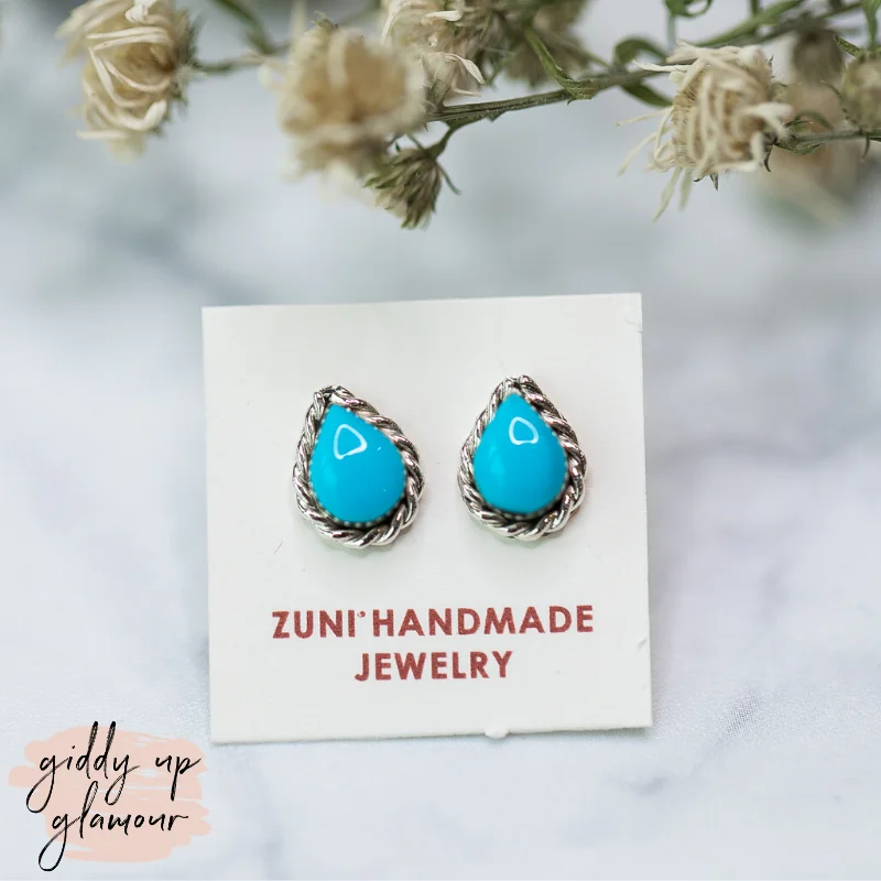 Large Drop Earrings-Zuni | Zuni Handmade Teardrop Stud Earrings in Turquoise