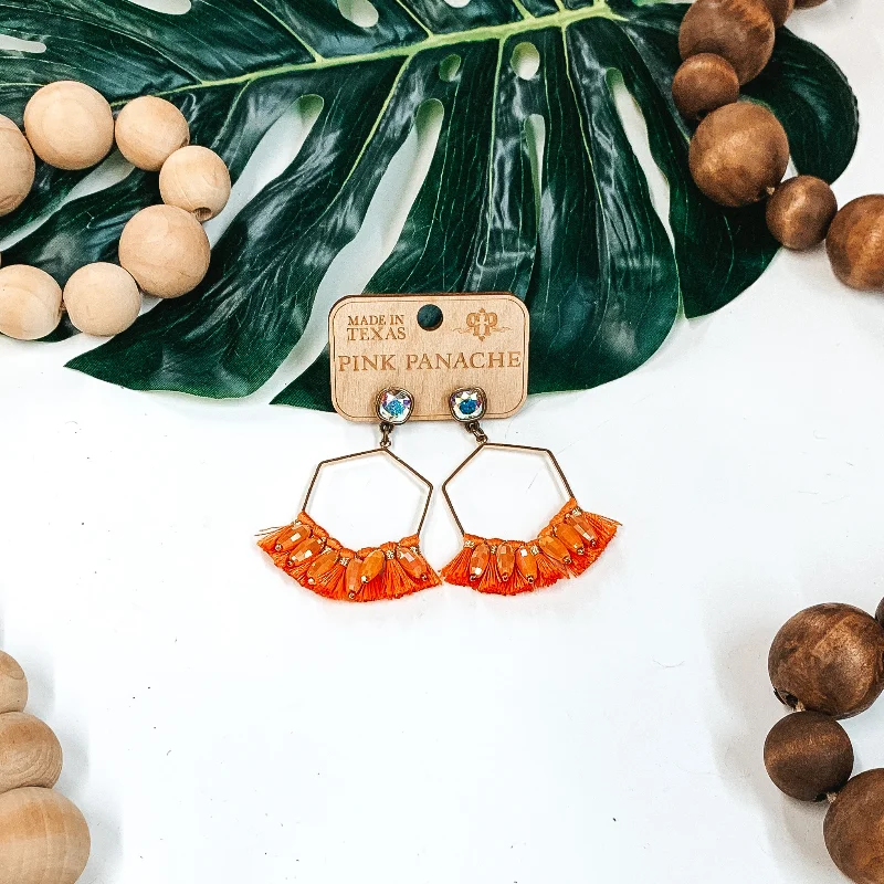 Personalized Drop Earrings-Pink Panache | Hexagon Wire Earrings with Fringe Detailing and Clear Cushion Cut Crystal in Gold and Orange