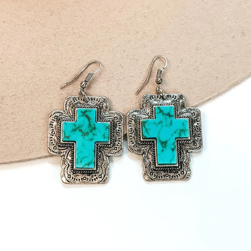 Custom Gold Drop Earrings-Silver Cross Pendant Earrings with Cross Stone in Turquoise