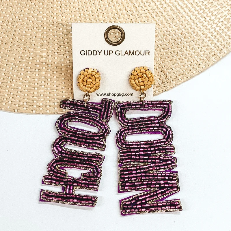 Modern Crystal Drop Earrings-Beaded Touch Down Post Back Earrings in Purple and Mustard