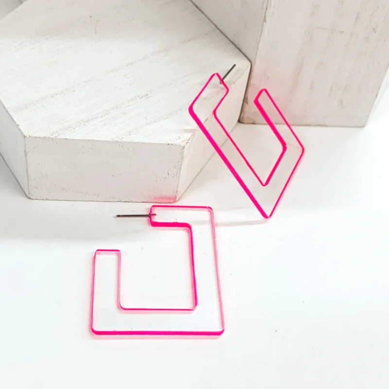 Simple Hoop Drop Earrings for Women-Clear Acrylic Square Hoop Earrings with Neon Pink Trim