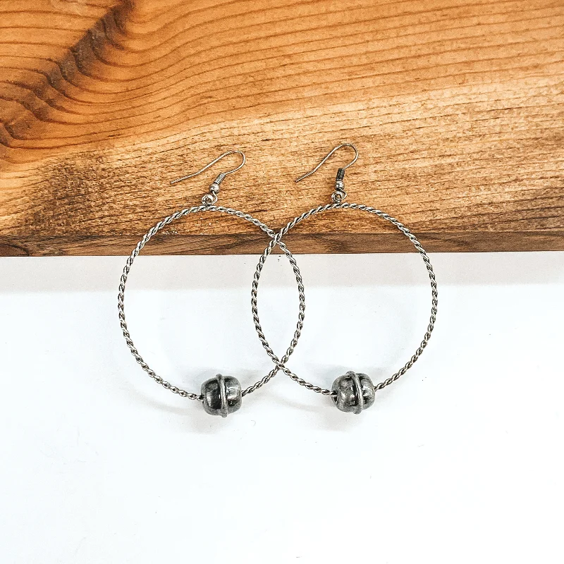 Custom Gemstone Earrings-Silver Twisted Circle Drop Earrings with Single Silver Bead