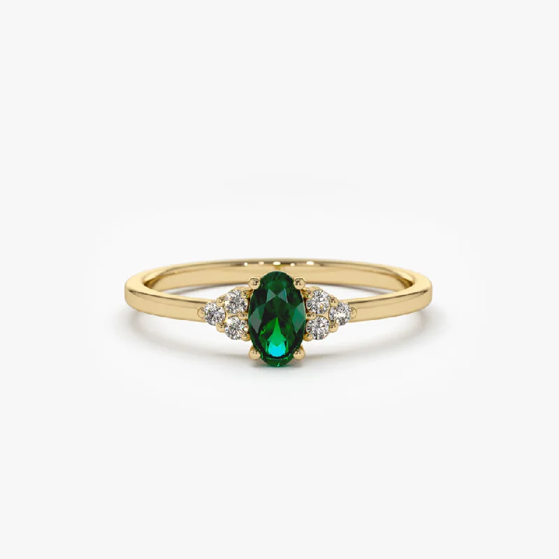 Wedding Rings with Personal Engraving-14K Oval Emerald and Diamond Ring