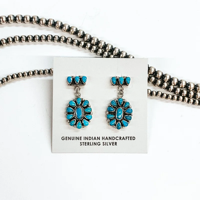 Silver and Gold Earrings-Pam Benally | Navajo Handmade Kingman Turquoise Cluster Drop Earrings on a Three Stone Post Back