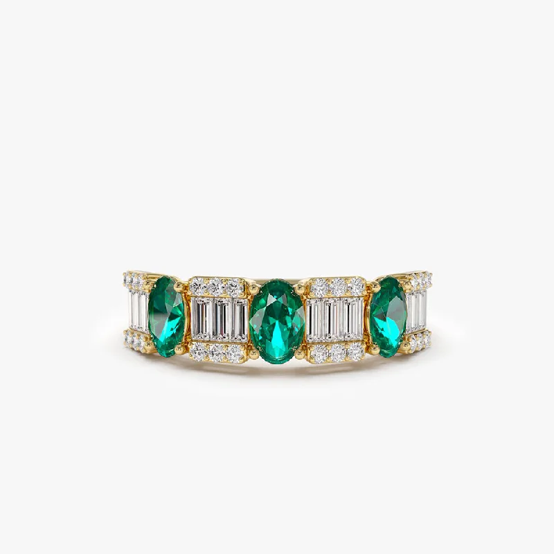 Adjustable Engagement Rings-14K Baguette & Round Diamond with Genuine Emerald Ring